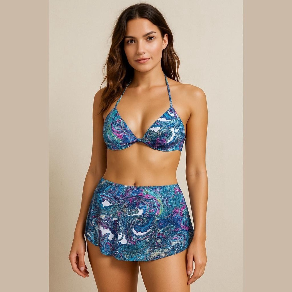 Victorias Secret Paisley Print Bombshell Skirted Bikini Top SZ 34D Bottom Small